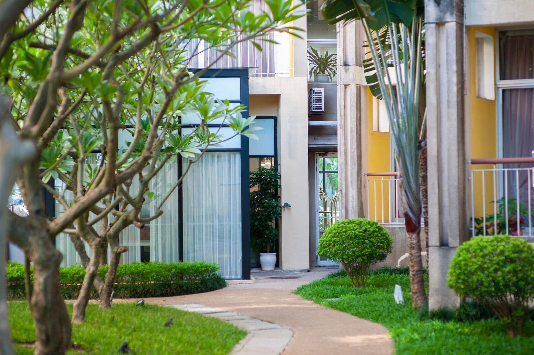 A landscaped courtyard between residential apartment blocks