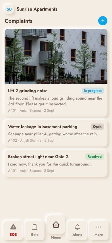 Complaints — real screenshot from the Socey app