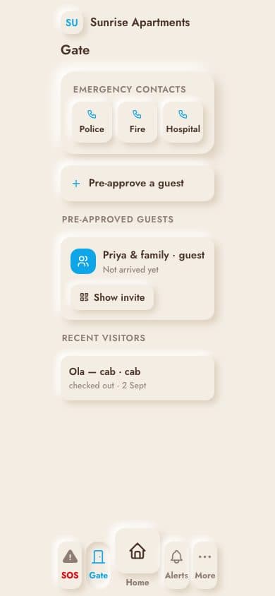 Gate & visitors — real screenshot from the Socey app